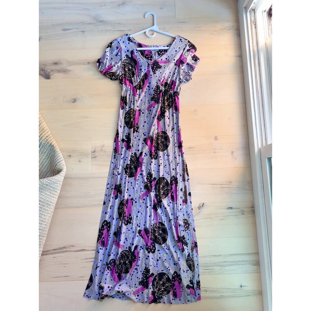 Vintage 70s Maxi Dress Sea Siren Print Purple Black Sexy Fit Side Slits Maxi - Picture 4 of 10